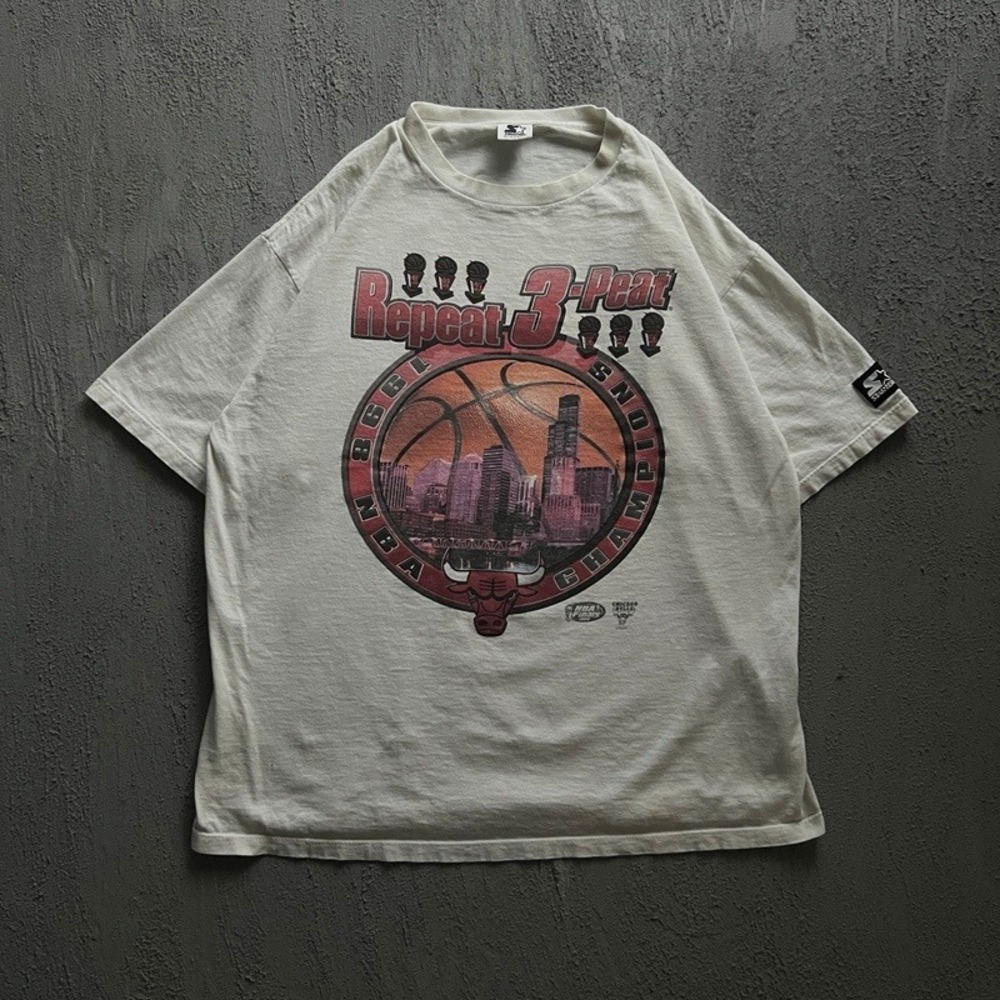 Vintage Chicago‎ Bulls Shirt XL White 1990s NBA 3-Peat Champions Starter